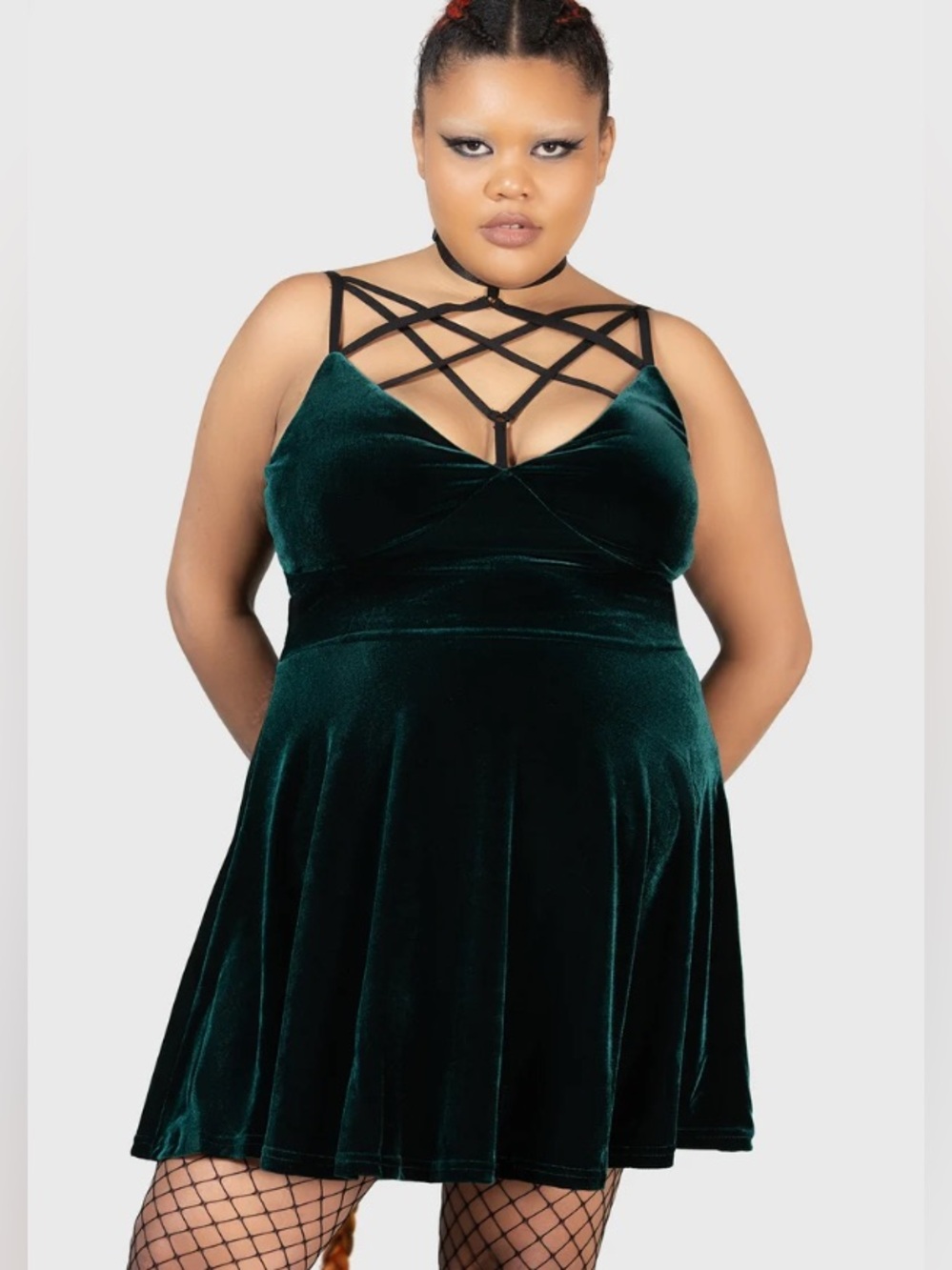 Killstar Magica Skater Dress with Hexagram Strap in Velvet Emerald Plus Size 4X - Picture 13 of 16